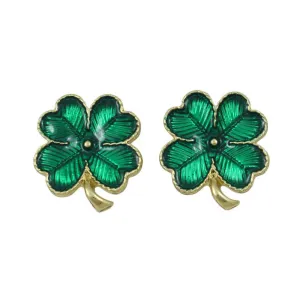 Green Enamel Lucky 4 Leaf Clover Pierced Earring - FE115