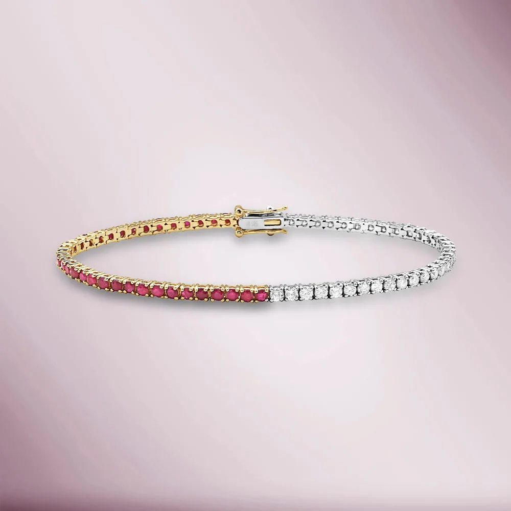 Half Diamond Half Ruby Tennis Bracelet (3.75 ct.) 4-Prongs Setting in 14K Gold