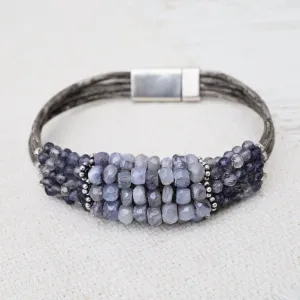 Hand Stitched Banded Iolite with Silver Trim on Multi Strand Leather Bracelet