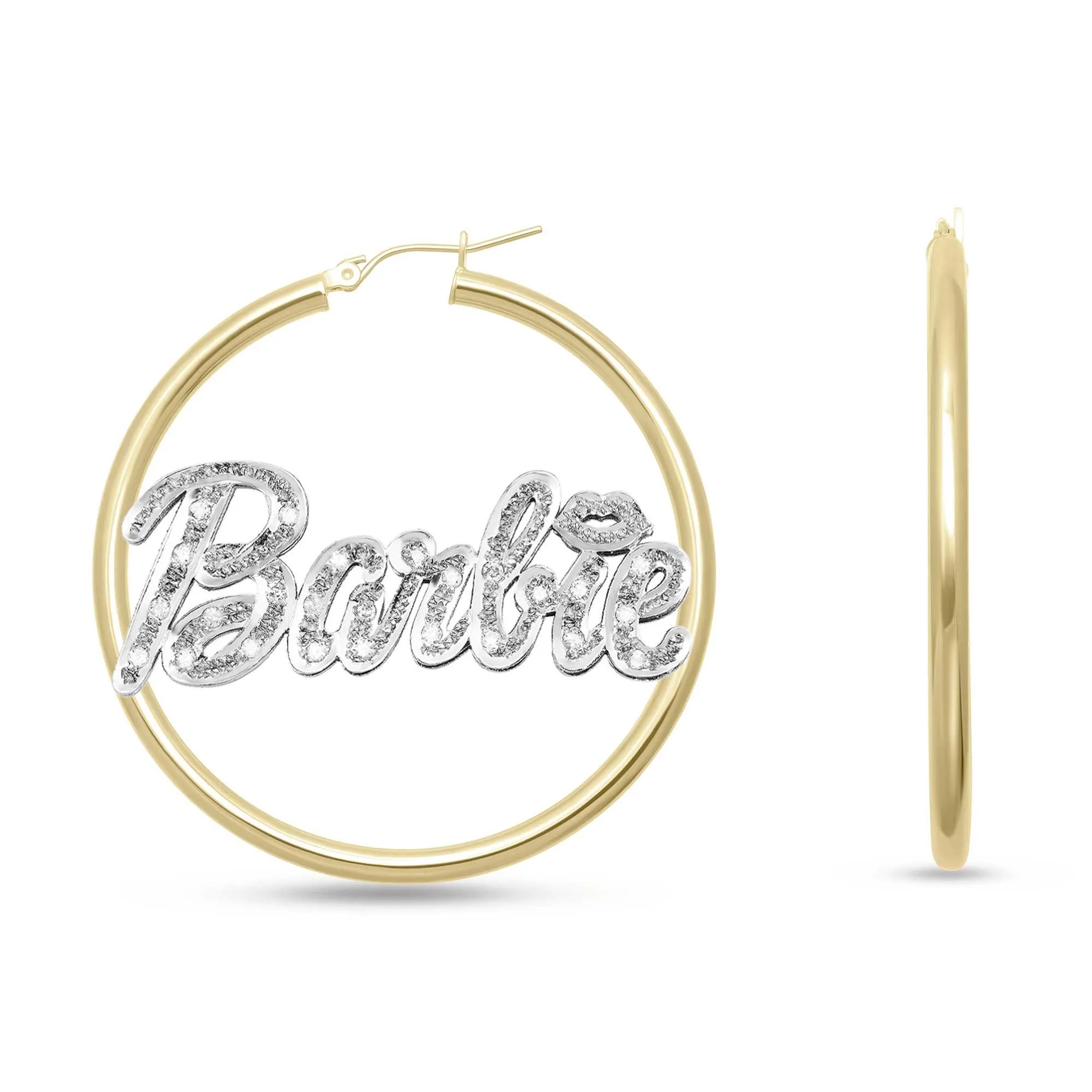 Ladies Diamond Script Name Plate Hoop Earrings 14K Gold - Style 56