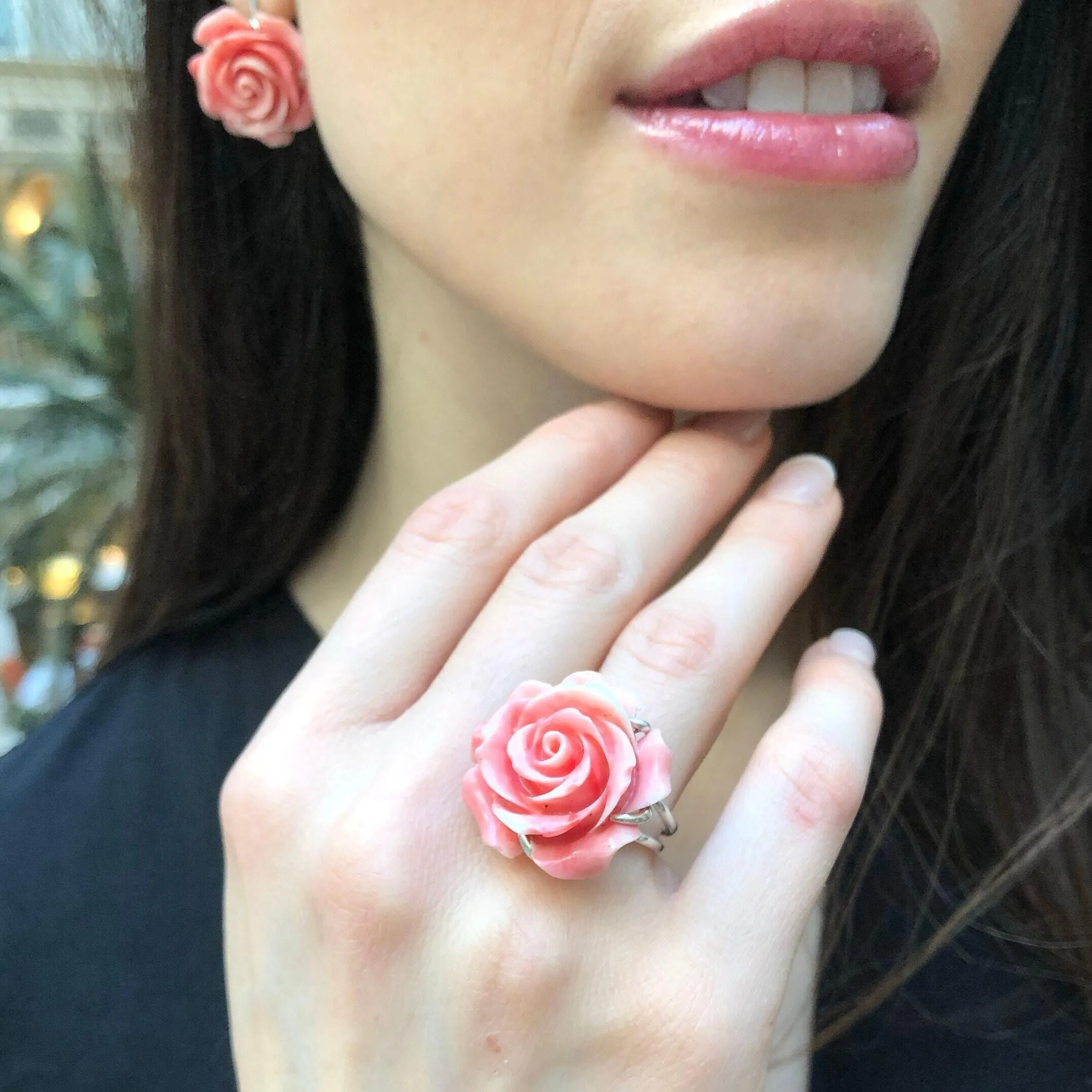 Large Rose Ring - Coral Ring - Statement Flower Ring