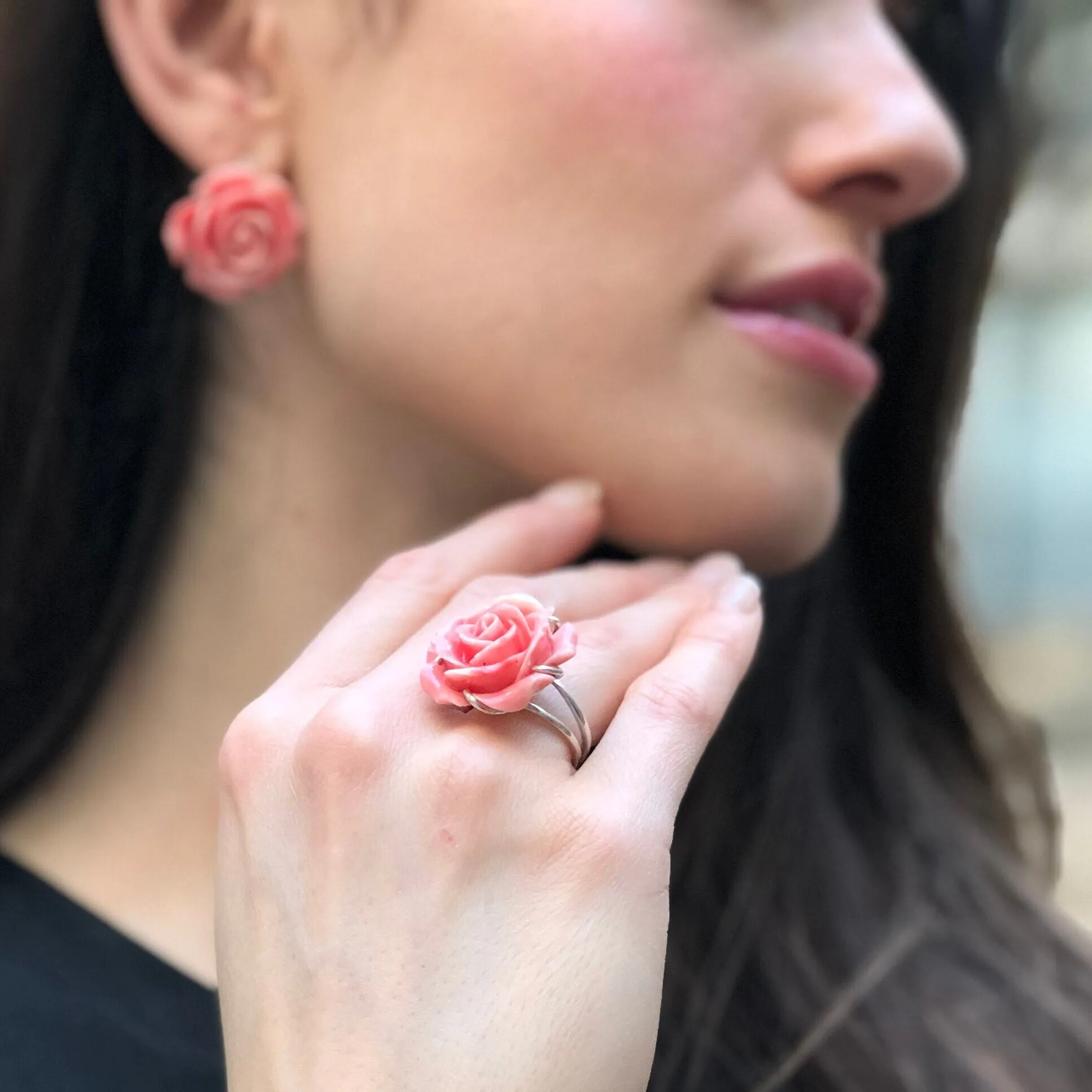 Large Rose Ring - Coral Ring - Statement Flower Ring