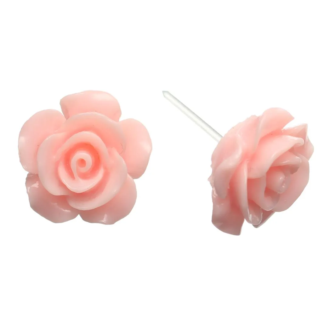 Large Shiny Rose Studs Hypoallergenic Earrings for Sensitive Ears Made with Plastic Posts