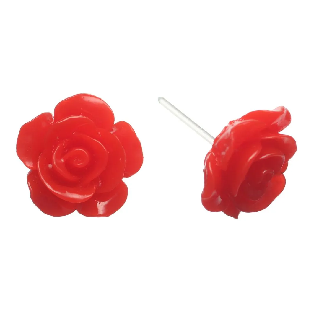 Large Shiny Rose Studs Hypoallergenic Earrings for Sensitive Ears Made with Plastic Posts