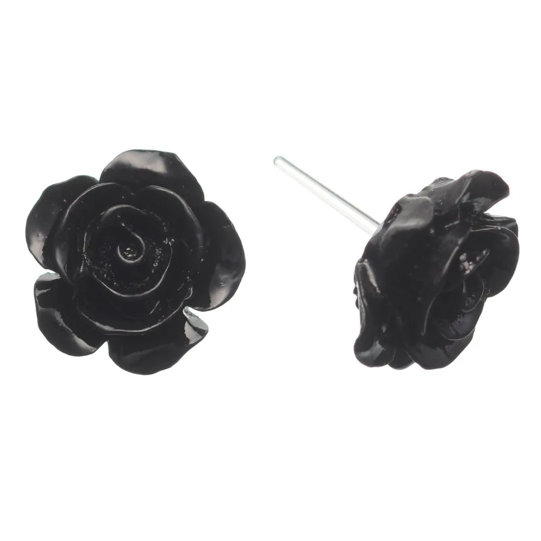 Large Shiny Rose Studs Hypoallergenic Earrings for Sensitive Ears Made with Plastic Posts