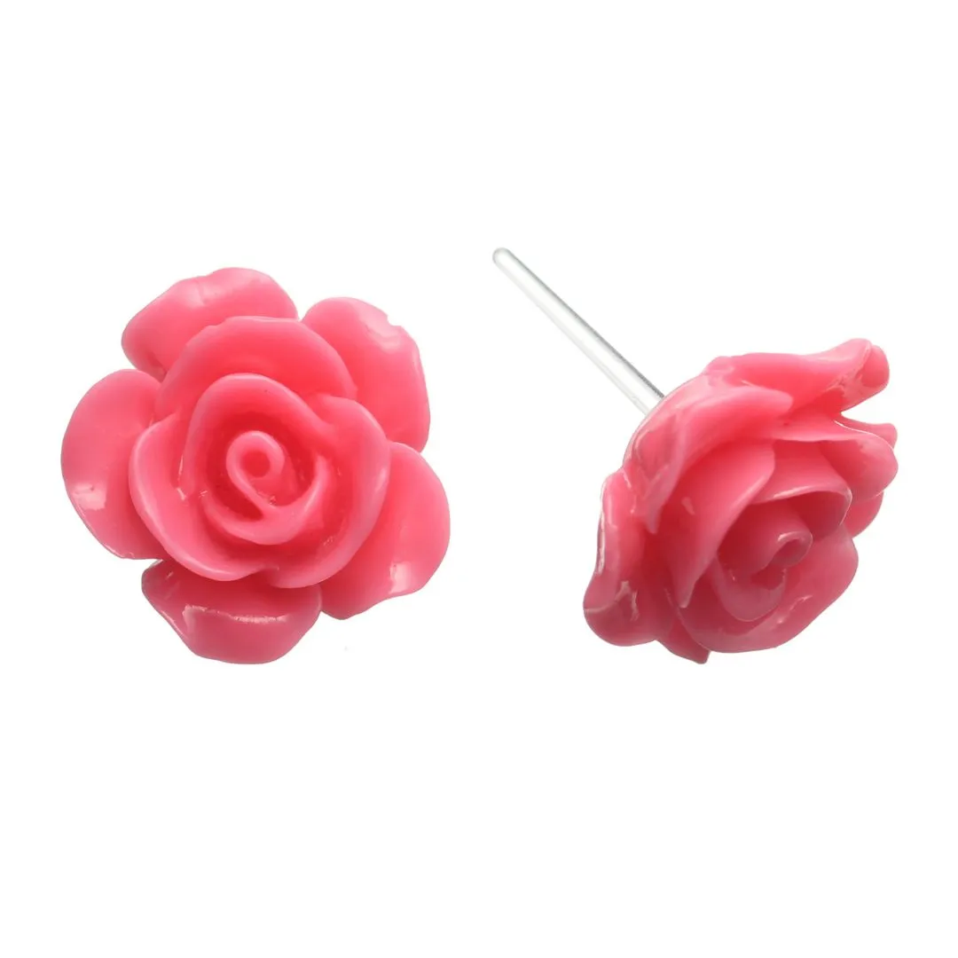 Large Shiny Rose Studs Hypoallergenic Earrings for Sensitive Ears Made with Plastic Posts