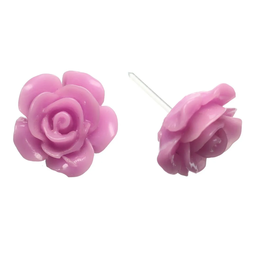 Large Shiny Rose Studs Hypoallergenic Earrings for Sensitive Ears Made with Plastic Posts