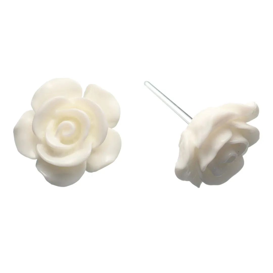 Large Shiny Rose Studs Hypoallergenic Earrings for Sensitive Ears Made with Plastic Posts