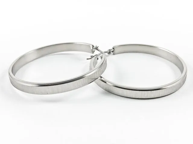 Modern Thick Center Textured 43 MM Hoop Steel Earrings