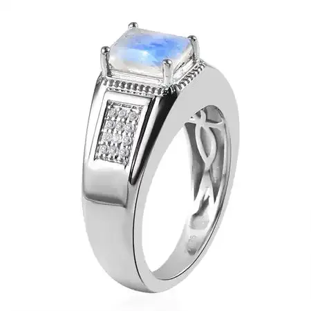 Natural Emerald Cut Rainbow Moonstone Signet Unisex Statement Rings - 925 Sterling Silver Rings