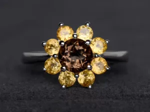 Natural Round Cut Smoky Quartz And Citrine Cluster Engagement Rings For Women - 925 Sterling Silver Rings