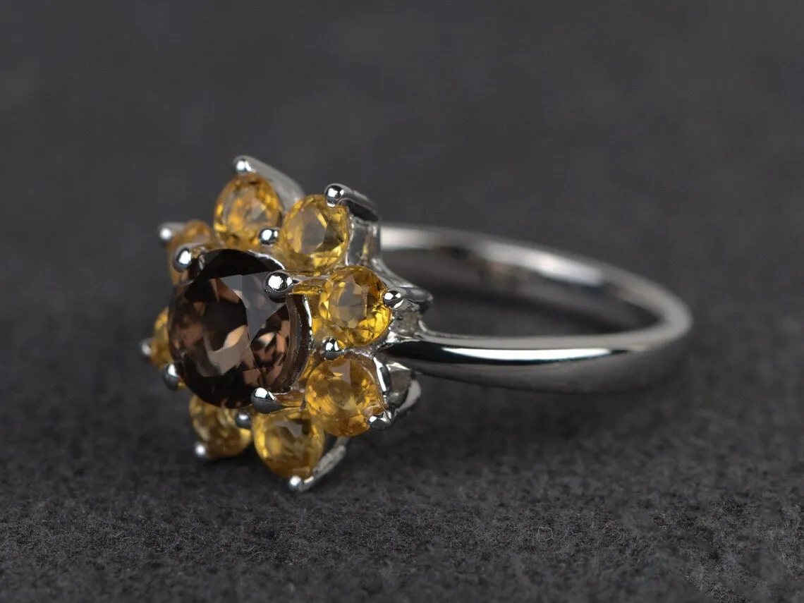 Natural Round Cut Smoky Quartz And Citrine Cluster Engagement Rings For Women - 925 Sterling Silver Rings