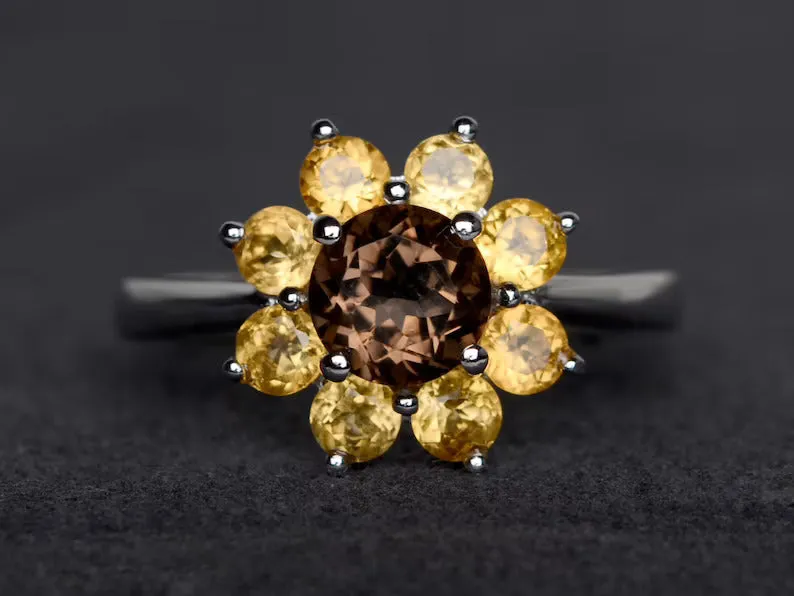 Natural Round Cut Smoky Quartz And Citrine Cluster Engagement Rings For Women - 925 Sterling Silver Rings