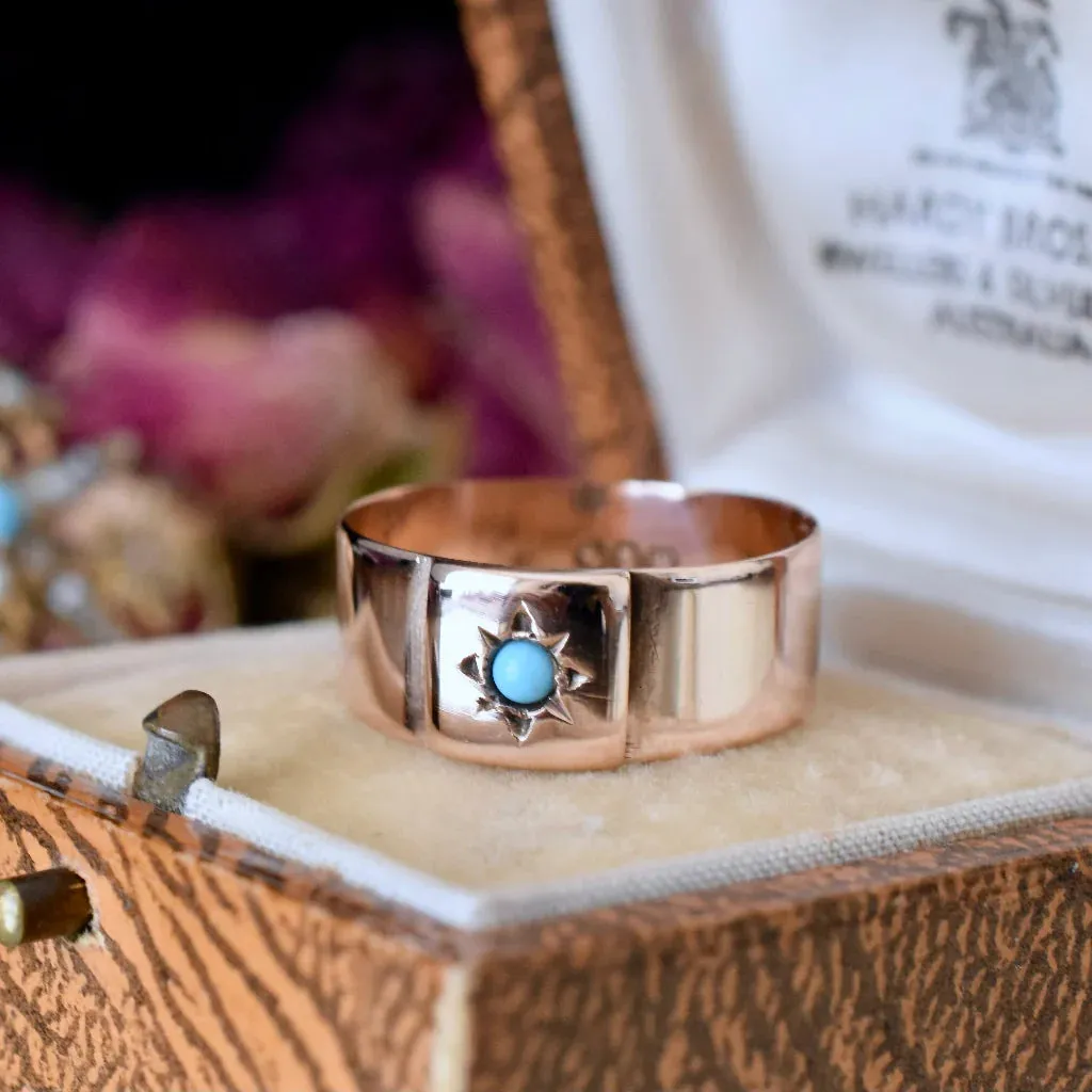 Natural Round Cut Turquoise Wide Band Vintage Rings - 14k Rose Gold Vermeil Rings