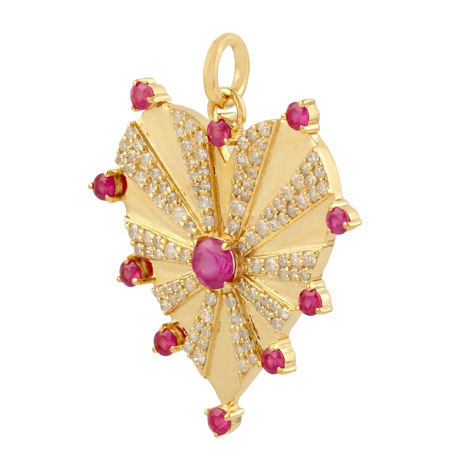 Natural Ruby Pave Diamond Heart Charm Pendant 14k Yellow Gold