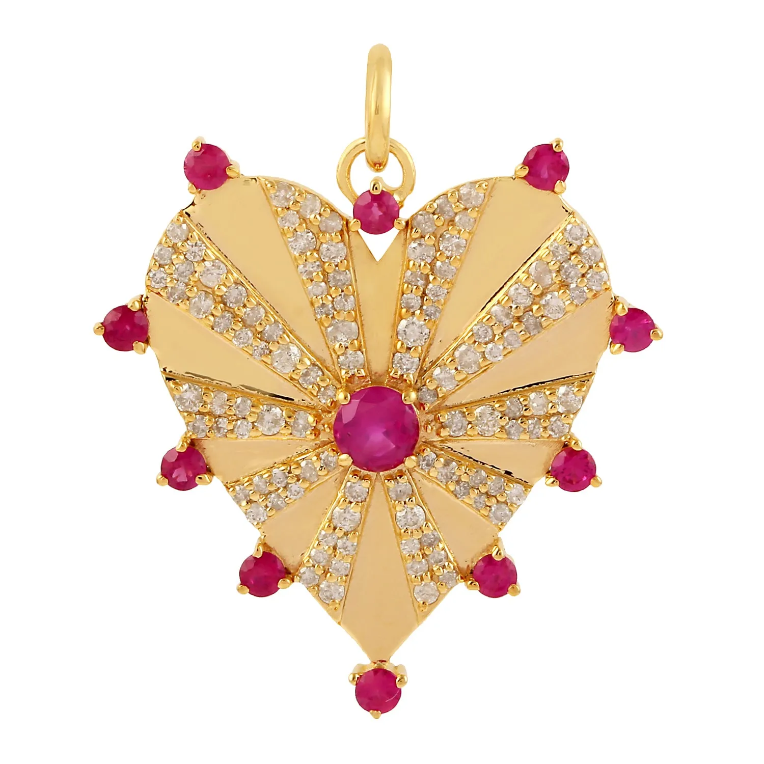 Natural Ruby Pave Diamond Heart Charm Pendant 14k Yellow Gold