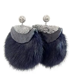 Navy Blue Luxe Fur and Crystal Statement Earring