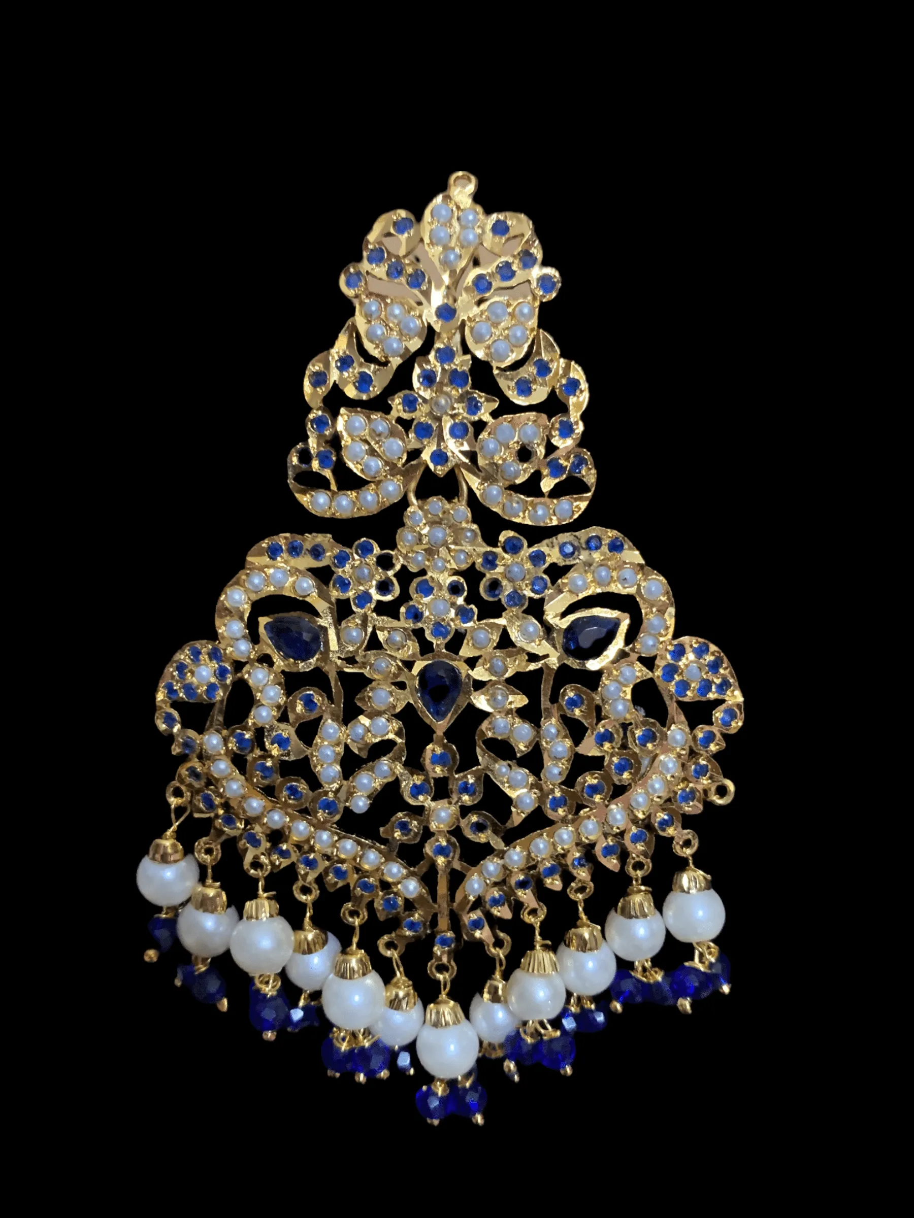 NS209  Neeli jadau pearl necklace with earrings tika in blue (SHIPS IN 4 WEEKS )