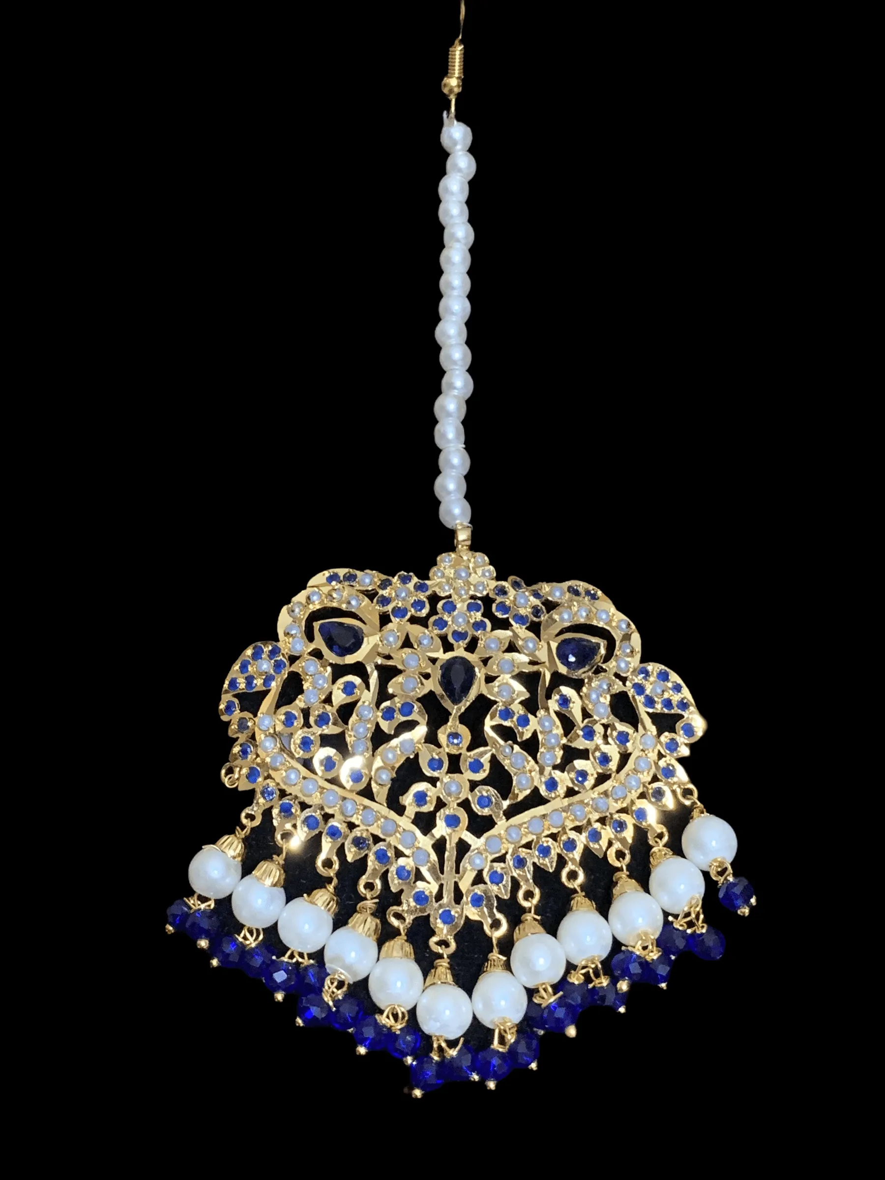 NS209  Neeli jadau pearl necklace with earrings tika in blue (SHIPS IN 4 WEEKS )