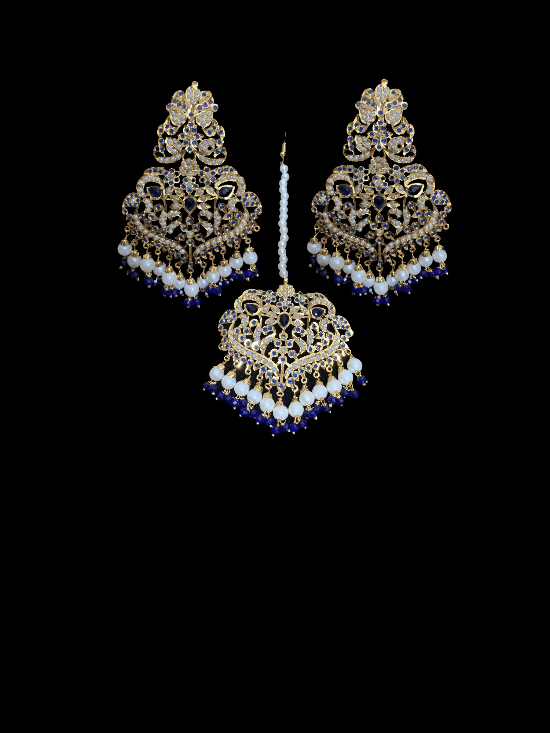 NS209  Neeli jadau pearl necklace with earrings tika in blue (SHIPS IN 4 WEEKS )