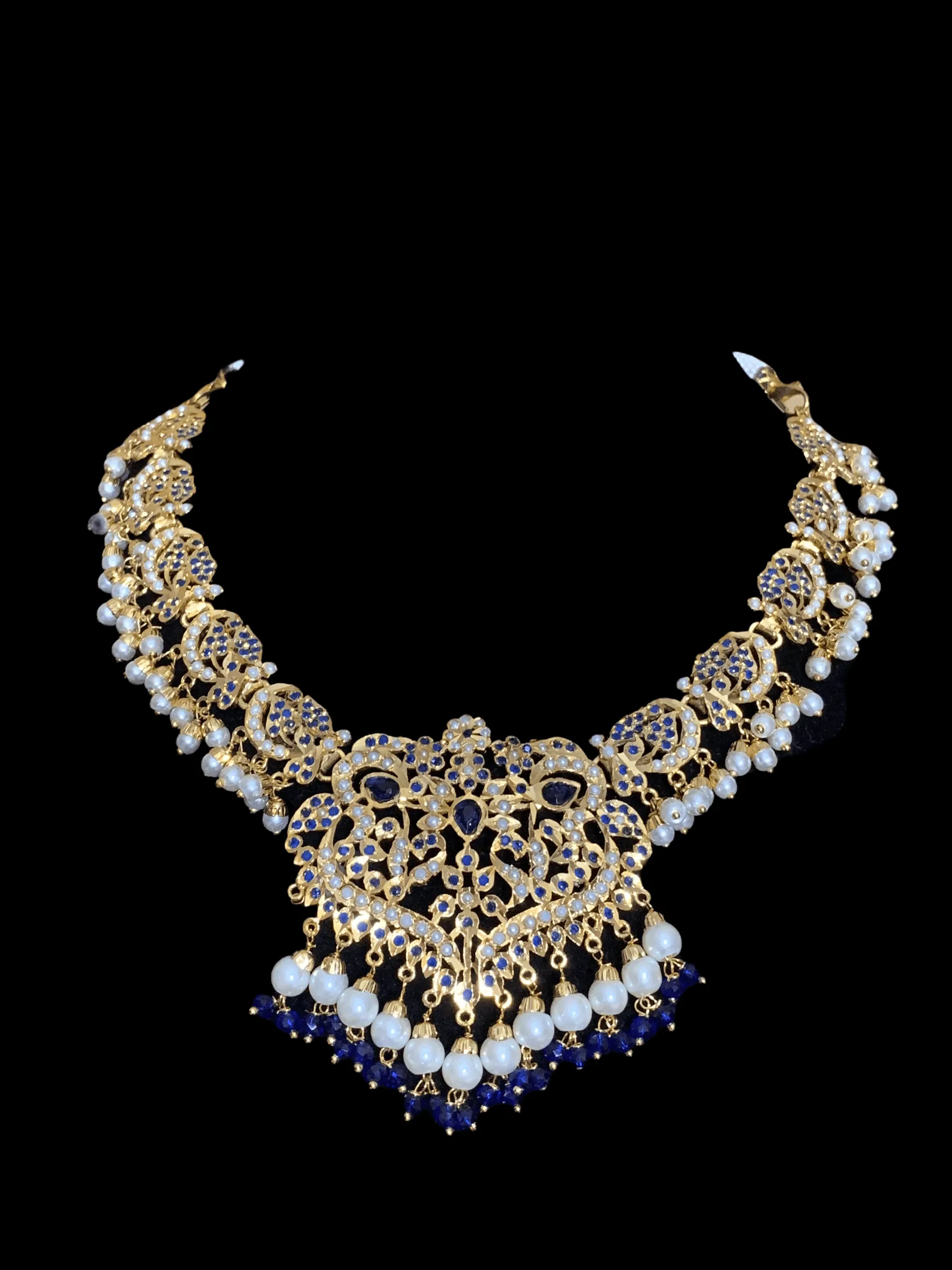 NS209  Neeli jadau pearl necklace with earrings tika in blue (SHIPS IN 4 WEEKS )