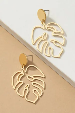 Openwork tropical monstera leaf drop earrings