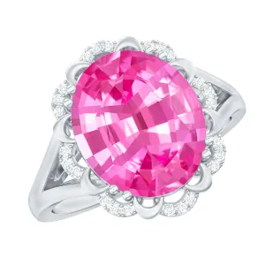 Oval Created Pink Sapphire Split Shank Engagement Ring with Diamond