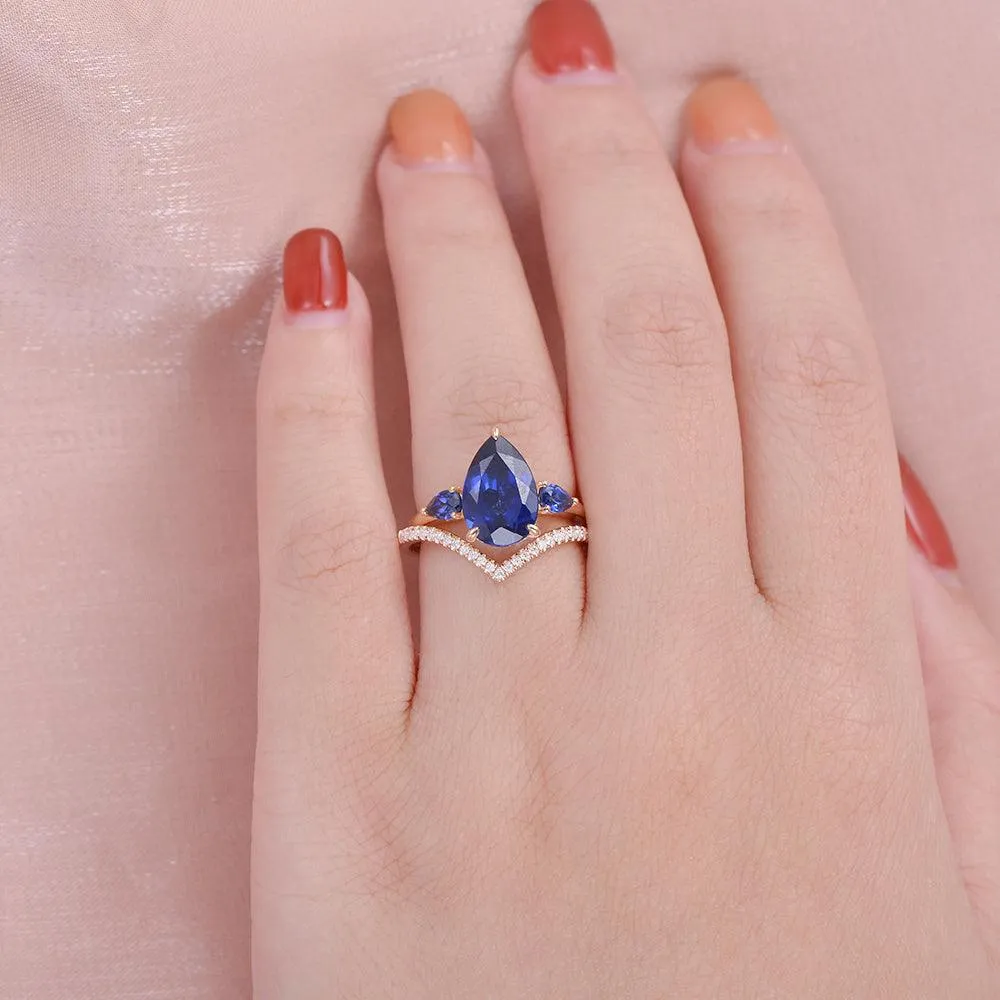 Pear Shaped Sapphire Three-stone Ring Set 2pcs