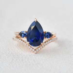 Pear Shaped Sapphire Three-stone Ring Set 2pcs