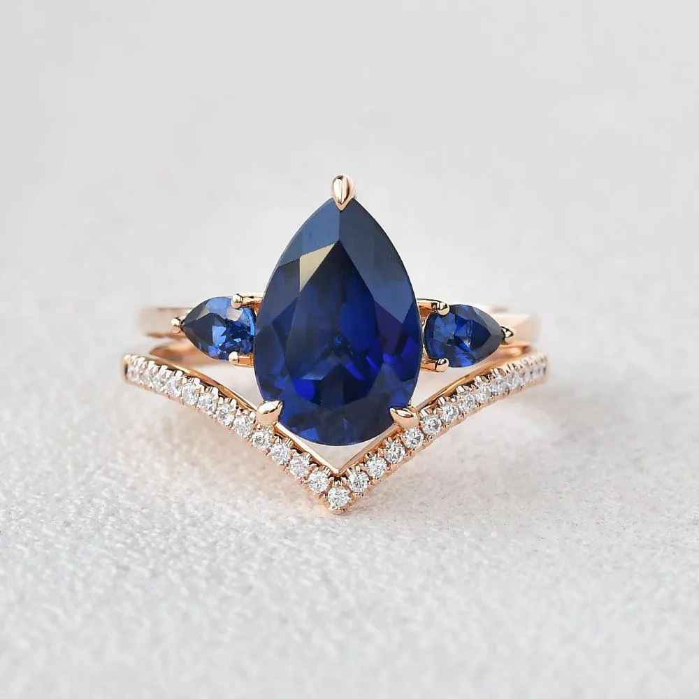 Pear Shaped Sapphire Three-stone Ring Set 2pcs