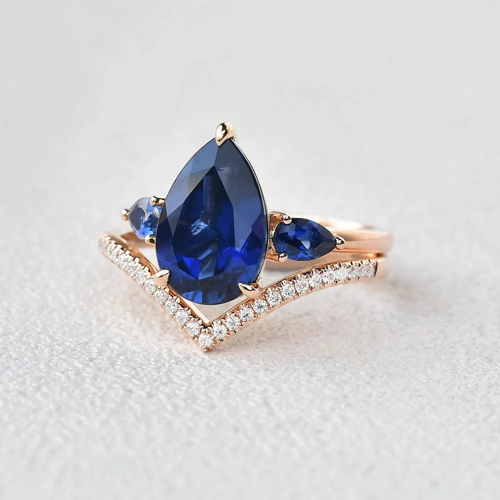 Pear Shaped Sapphire Three-stone Ring Set 2pcs