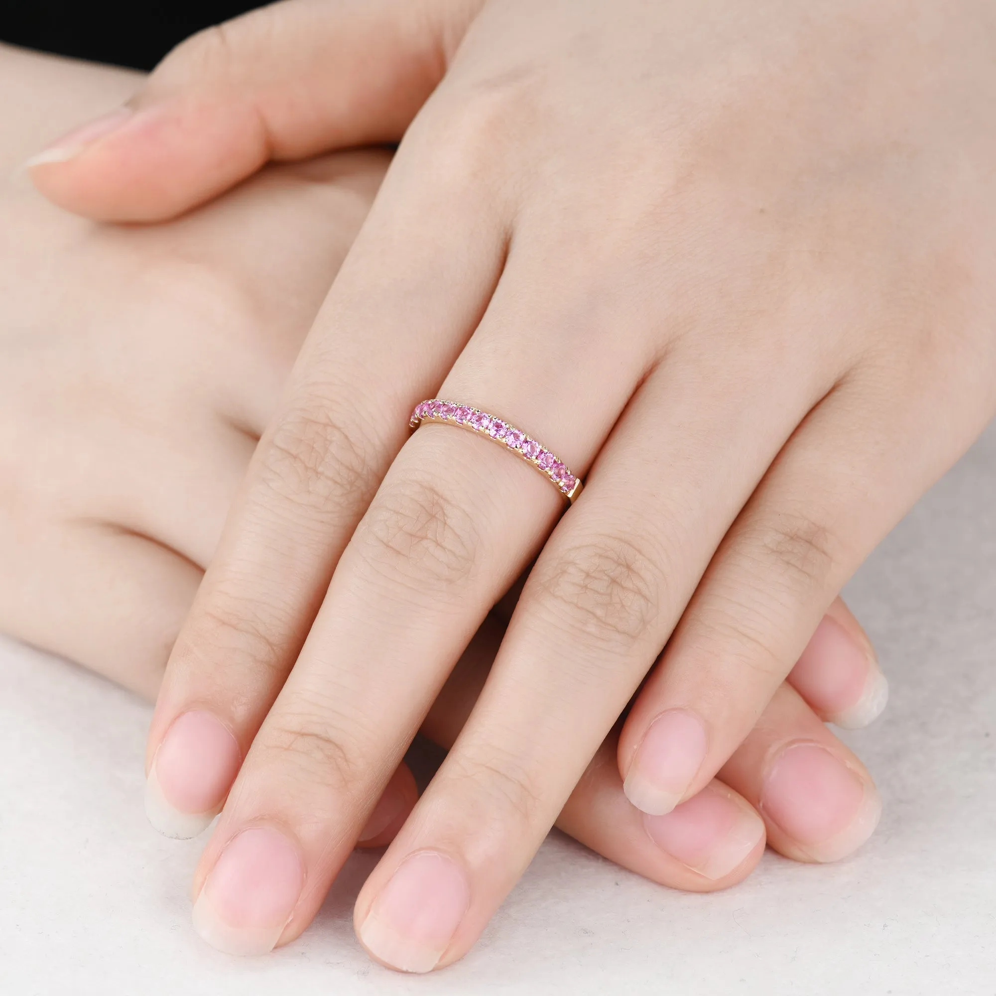 Pink Sapphire Wedding Band Rose Gold Half Eternity Ring Petite 2mm Pave