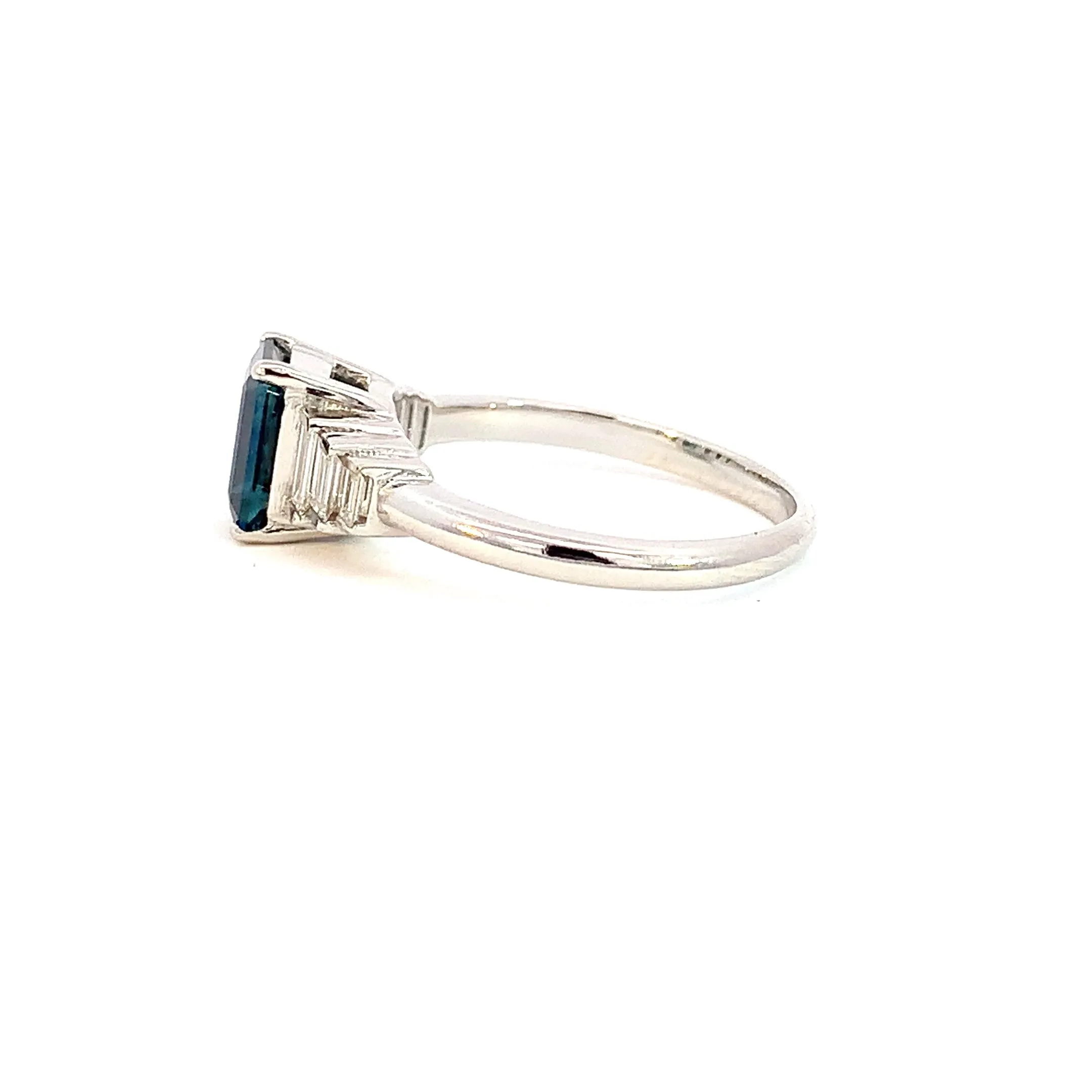 Platinum Radiant cut Teal sapphire and diamond ring