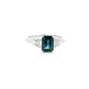 Platinum Radiant cut Teal sapphire and diamond ring