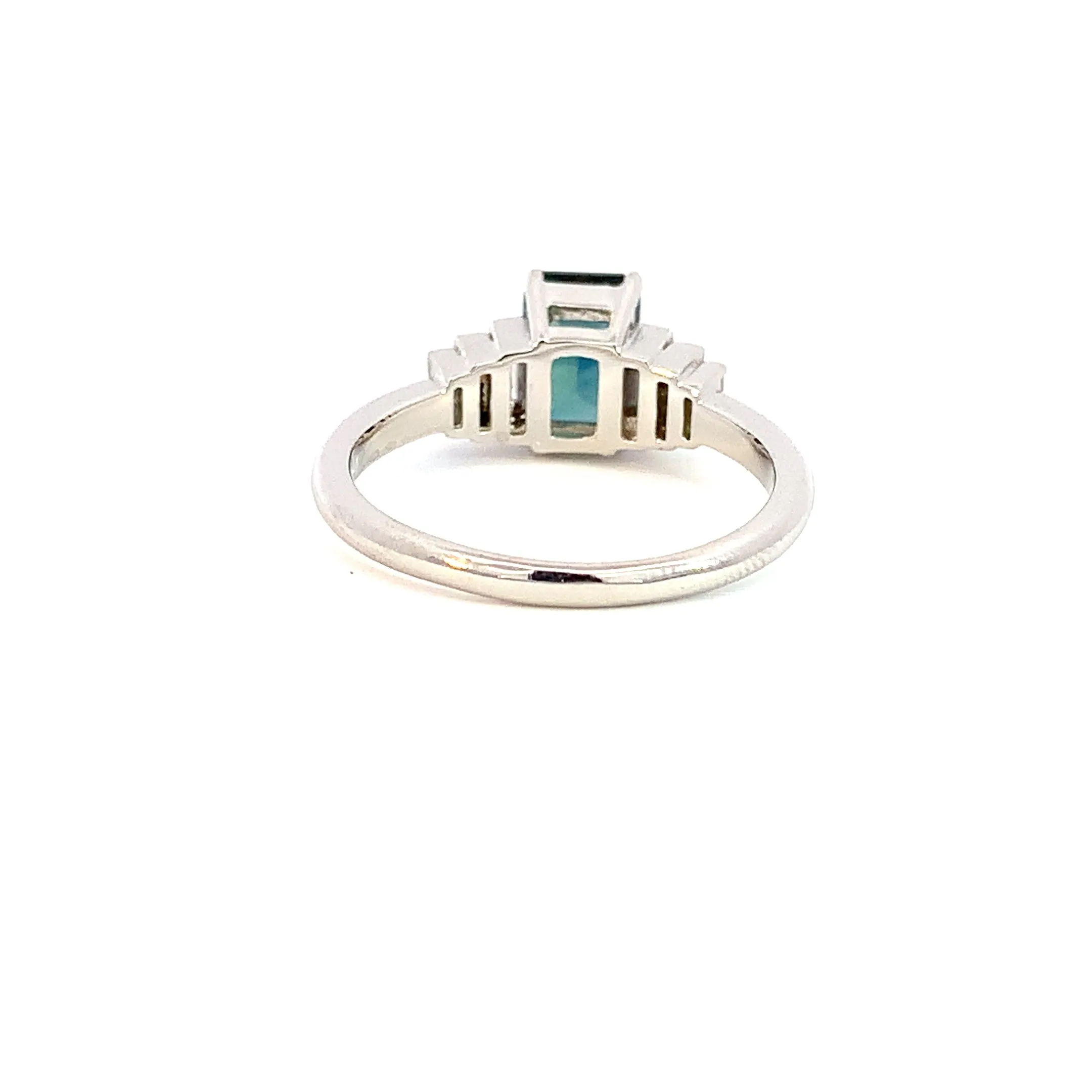 Platinum Radiant cut Teal sapphire and diamond ring