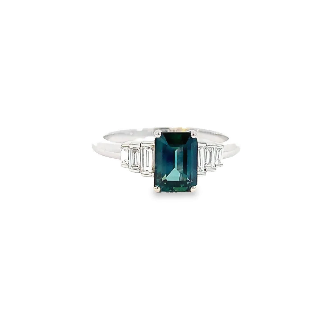 Platinum Radiant cut Teal sapphire and diamond ring