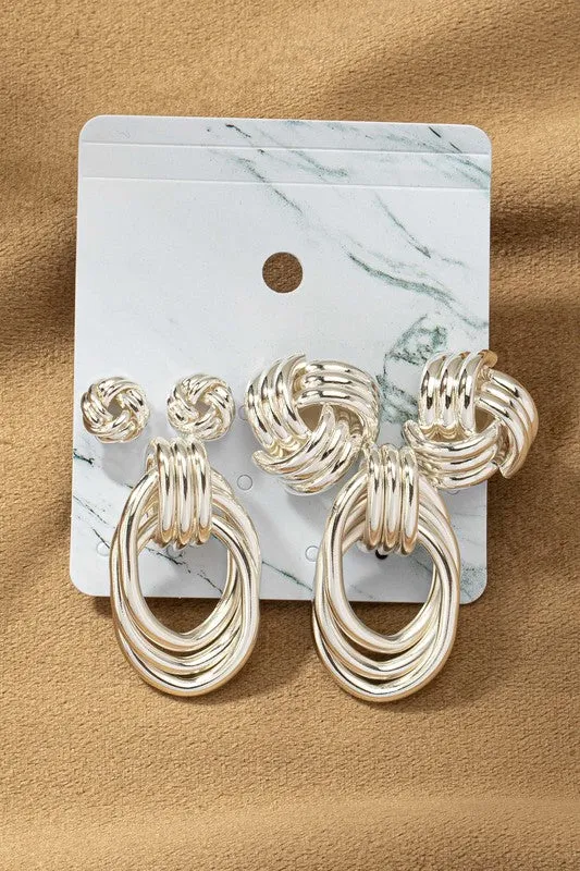 Premium Gold Trio Metal Knot and Hoop Earrings