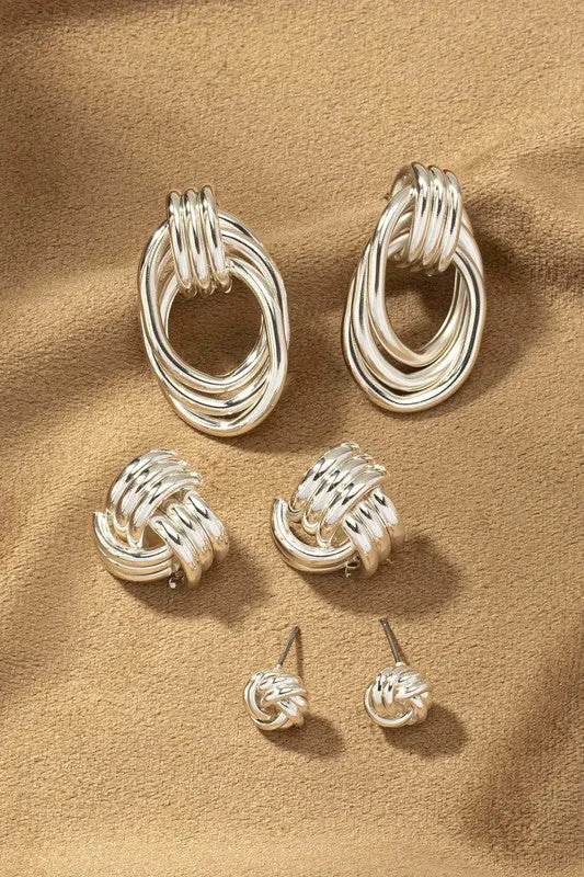 Premium Gold Trio Metal Knot and Hoop Earrings