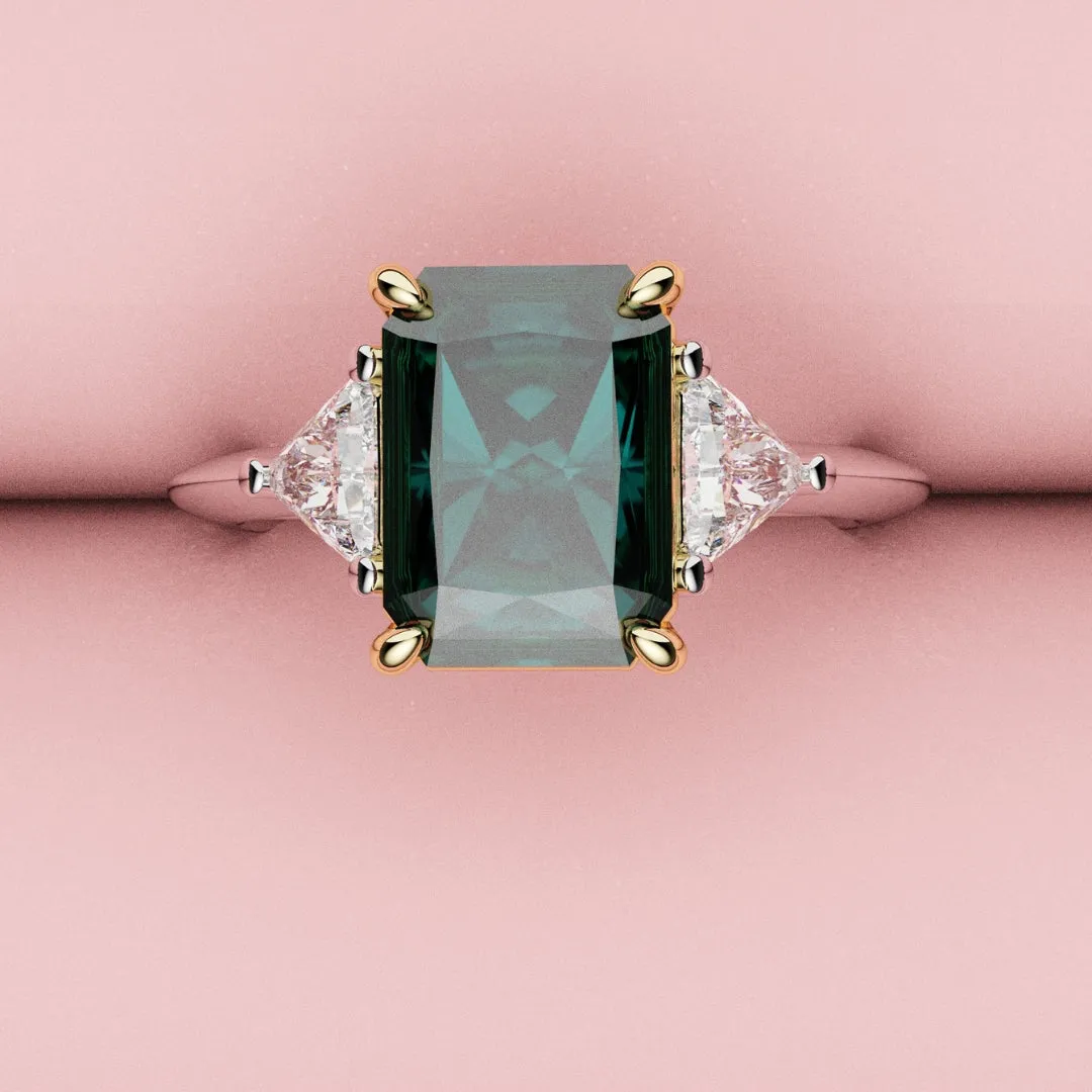 Radiant Cut Teal Sapphire with Trilliant Shoulder Diamonds