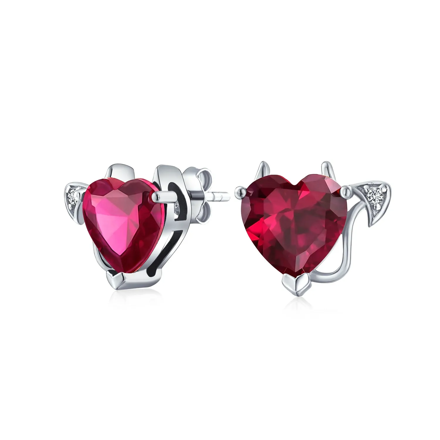 Red CZ Devil Heart Pendant Necklace Stud Earring Set Sterling Silver