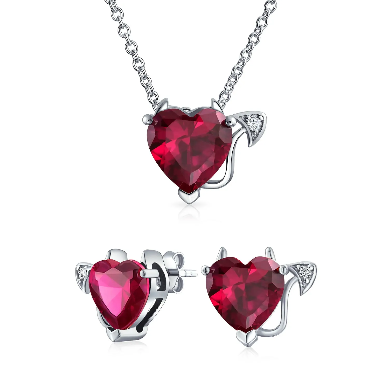 Red CZ Devil Heart Pendant Necklace Stud Earring Set Sterling Silver