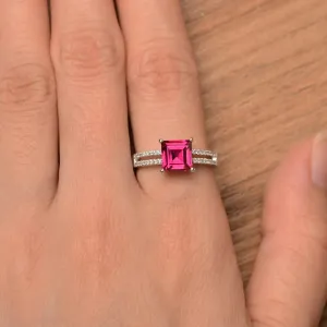 Ruby Square Cut Wedding Ring - 925 Sterling Silver Rings