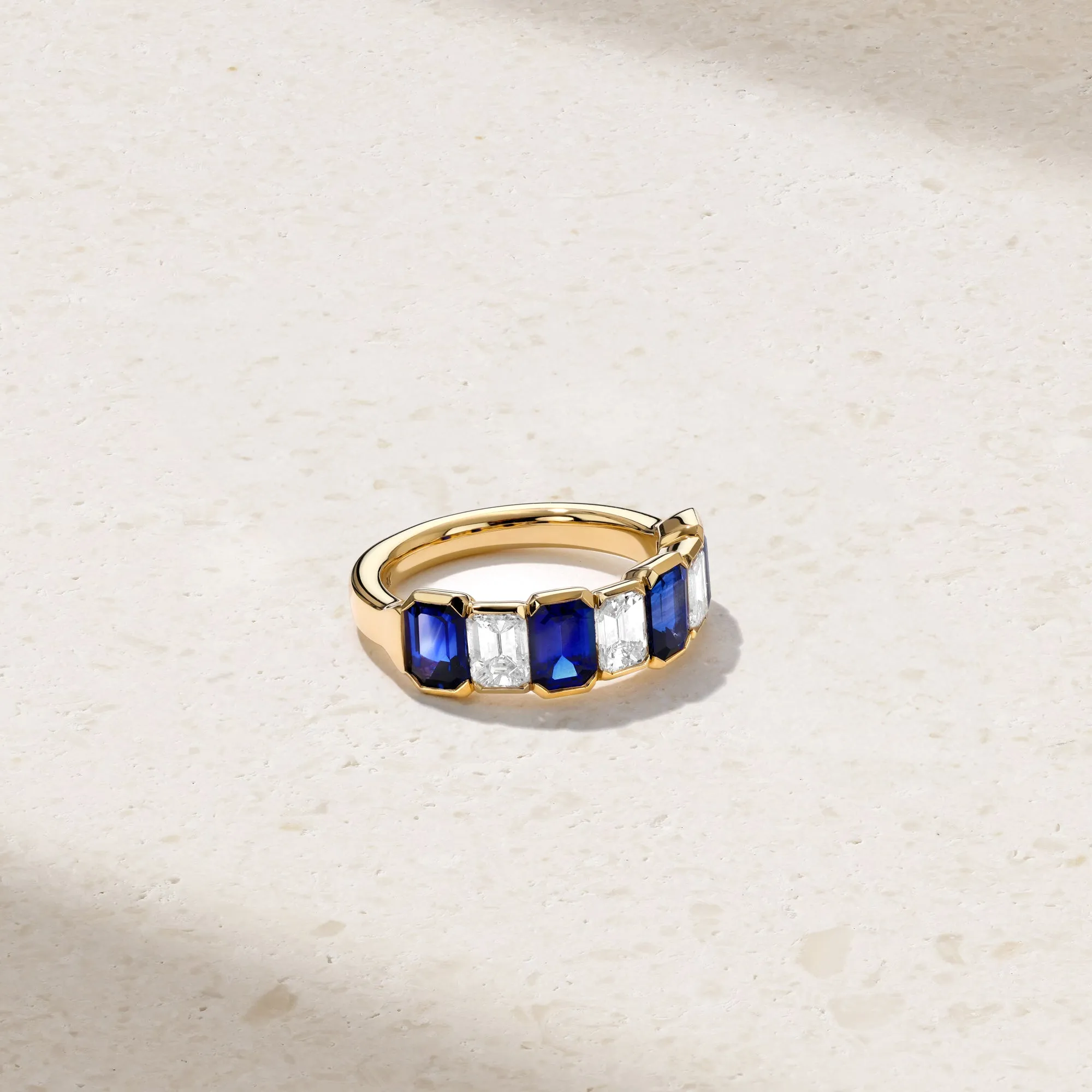 Sculpted Emerald Cut Sapphire and Diamond Alternating Band