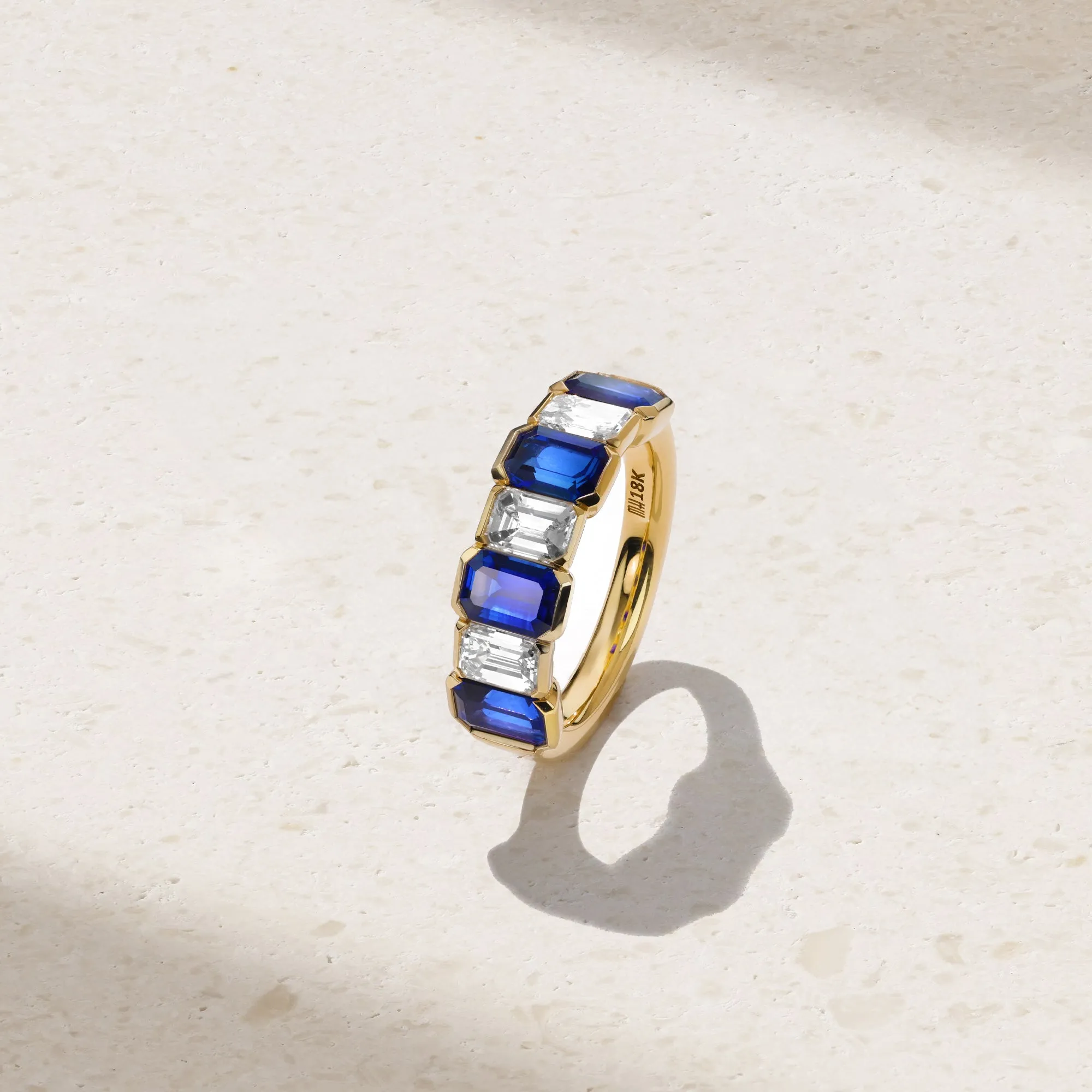 Sculpted Emerald Cut Sapphire and Diamond Alternating Band