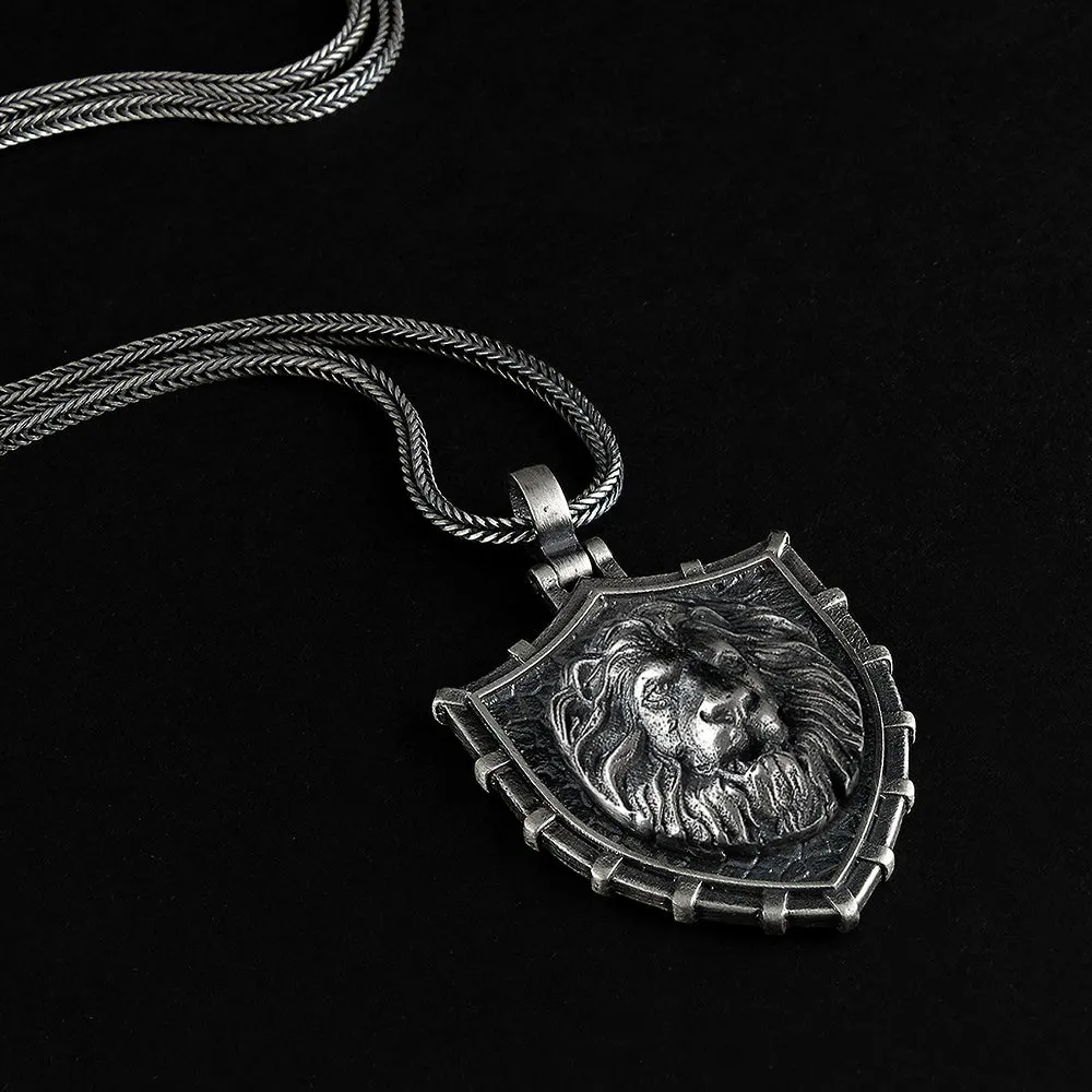 Shield Necklace Solid Sterling Silver Lion Pendant with Chain for Men