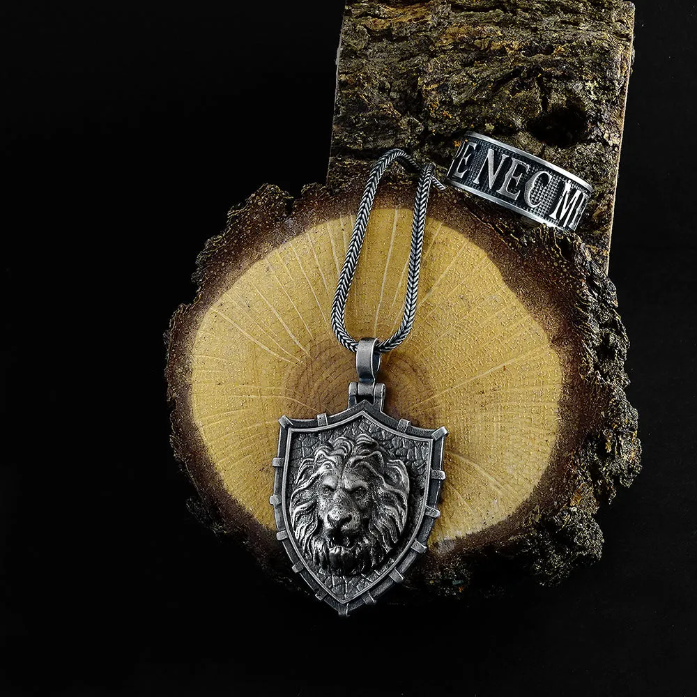 Shield Necklace Solid Sterling Silver Lion Pendant with Chain for Men