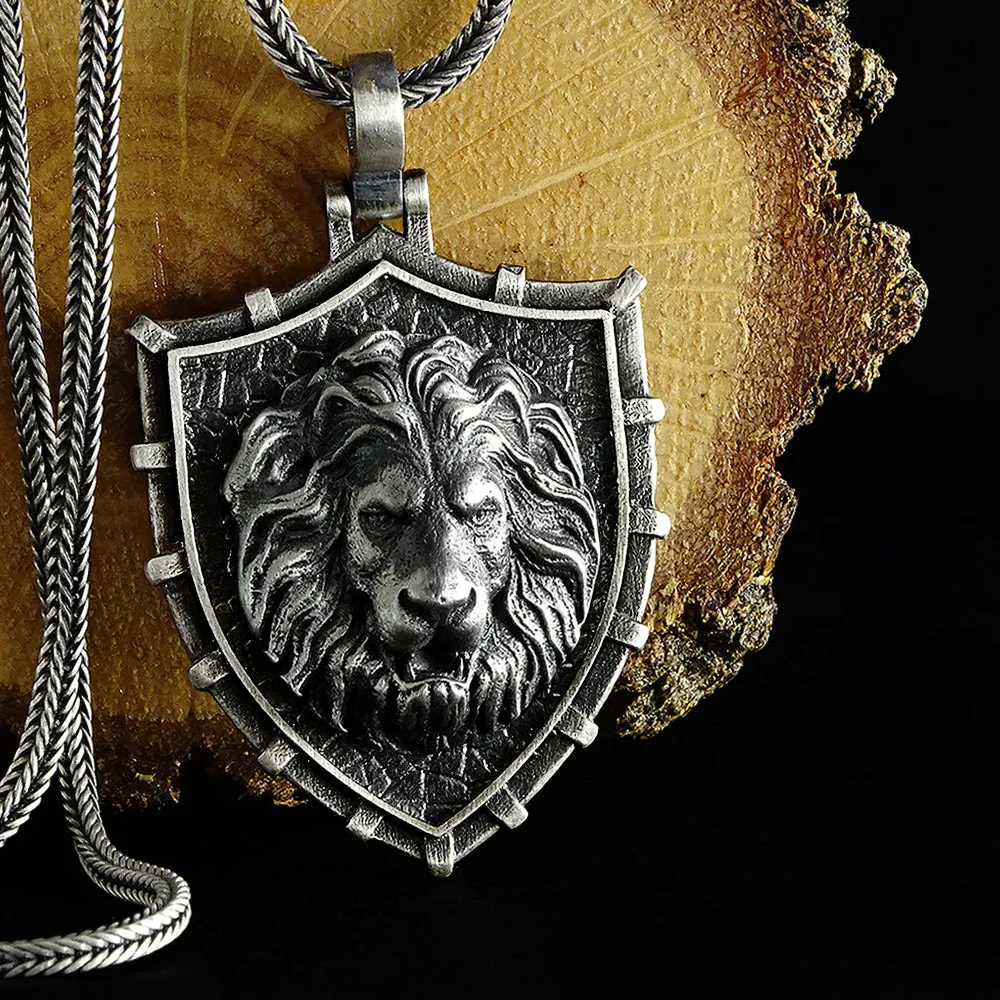 Shield Necklace Solid Sterling Silver Lion Pendant with Chain for Men