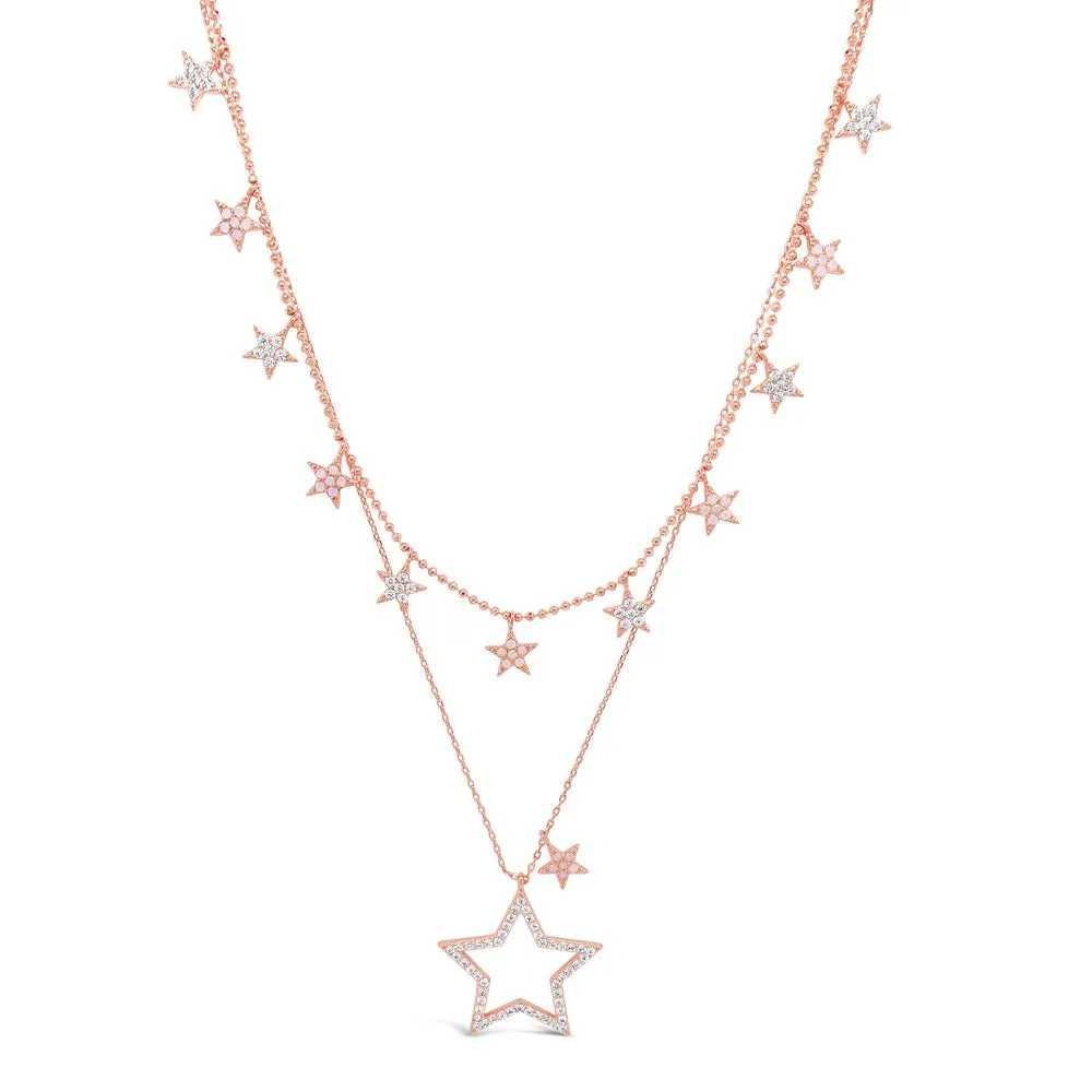 Shiny Stars Charms Rose Gold Diamante Layered Necklace