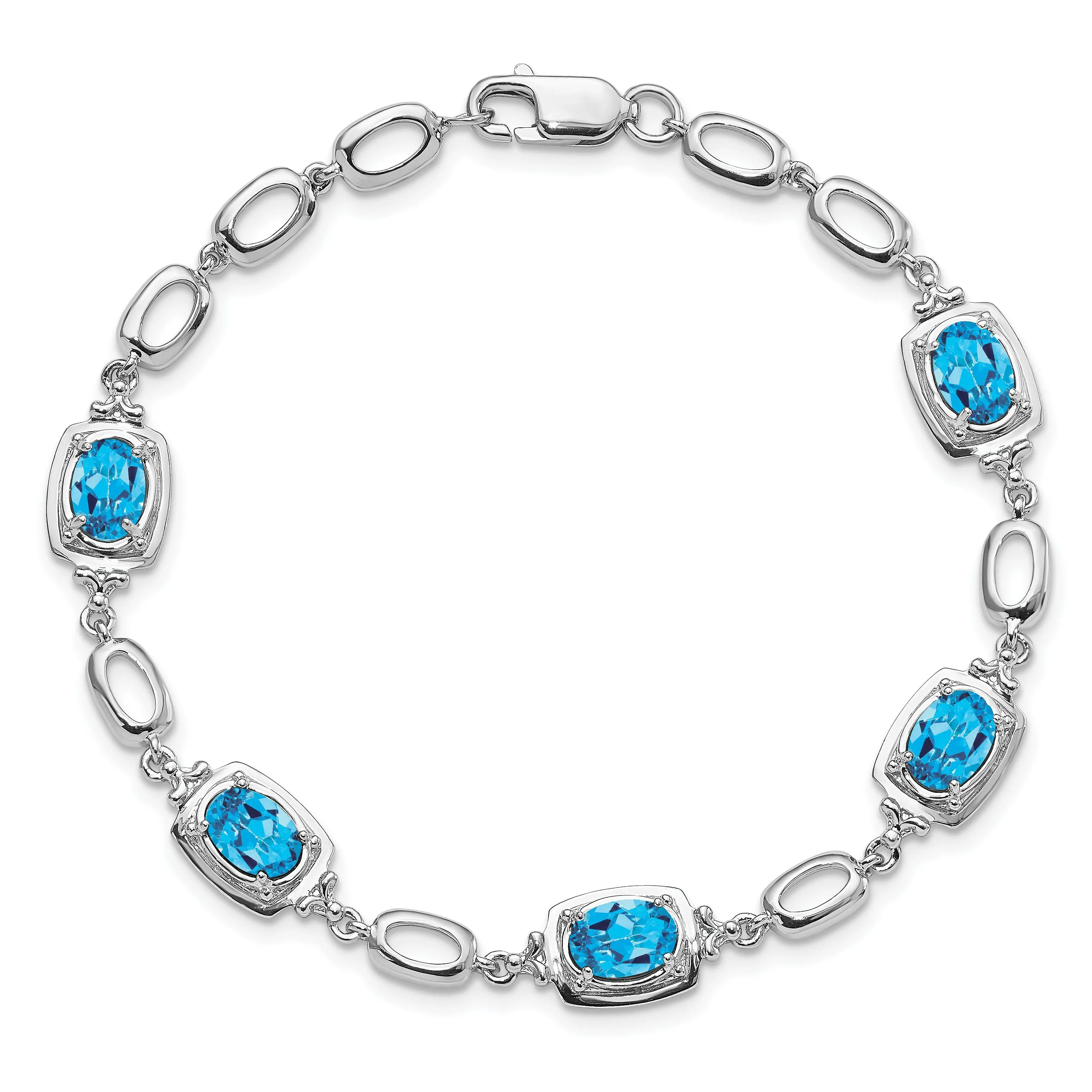 Silver Oval Blue Topaz Gemstone Link Bracelet