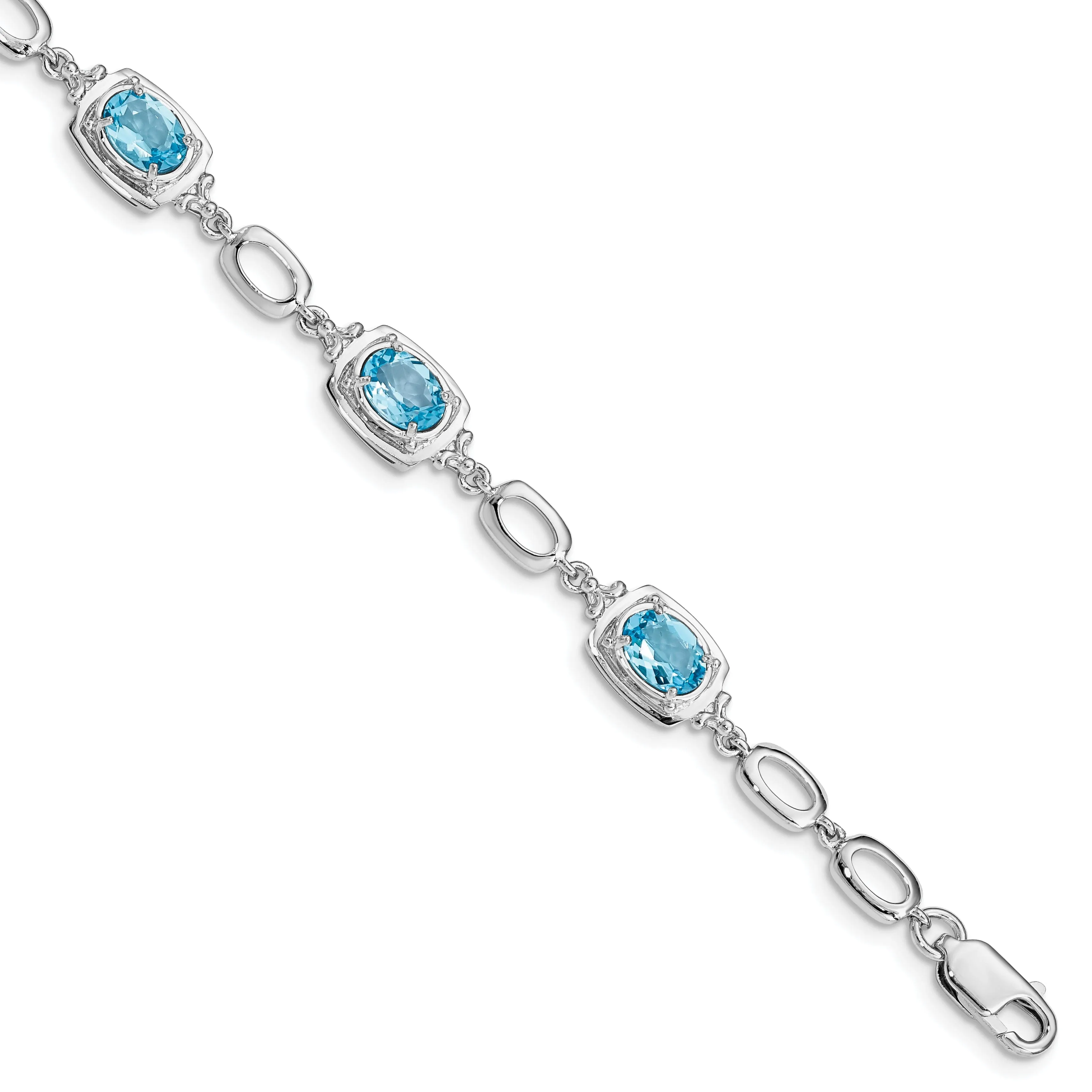 Silver Oval Blue Topaz Gemstone Link Bracelet